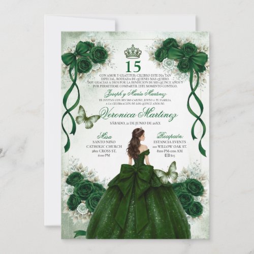 Spanish Quinceañera Emerald Green Princess 15 Años Invitation
