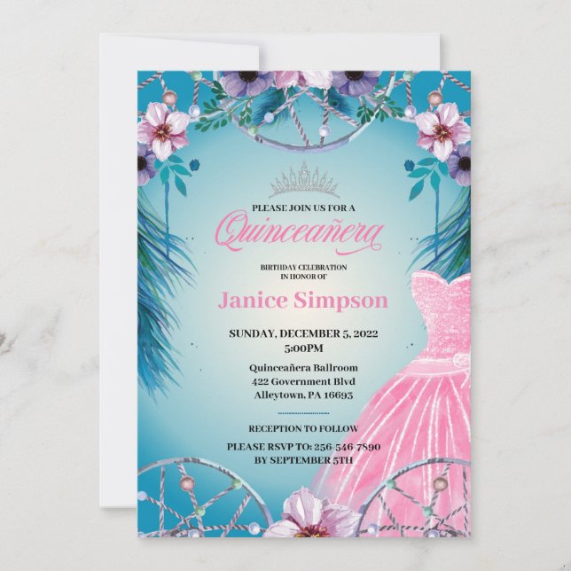 Spanish Quinceañera feather Dream catcher pink Inv Invitation (Front)