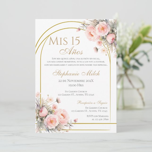 Spanish Quinceanera Floral Invitation (Standing Front)