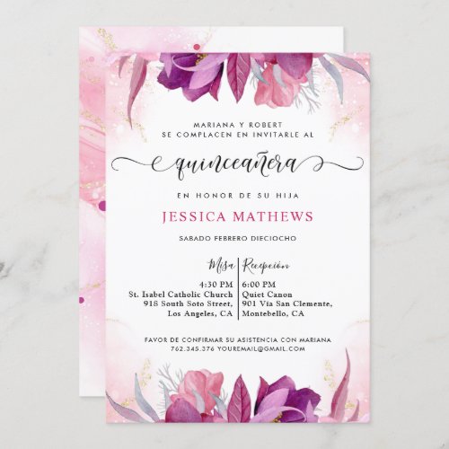 Spanish Quinceaera  Fuchsia Hot Pink Floral Invitation