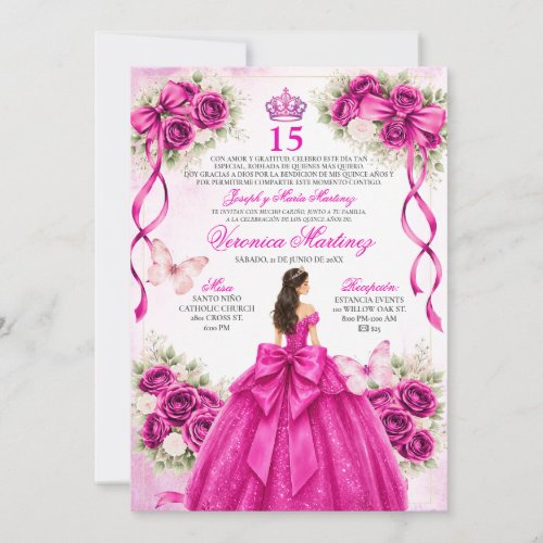 Spanish Quinceañera Fuchsia Magenta 15 Años Floral Invitation