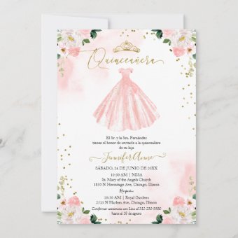 Spanish Quinceanera Invitation Blush Floral Dress | Zazzle