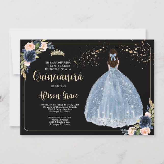 Spanish Quinceañera invite, 15 Birthday Party Invitation (Front)