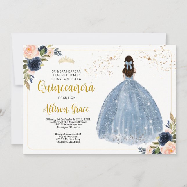 Spanish Quinceañera invite, 15 Birthday Party Invitation (Front)