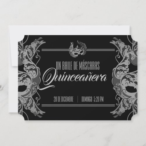 SPANISH quinceaera MASQUERADE black white ticket Invitation