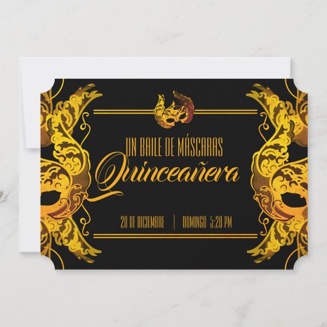 SPANISH quinceañera MASQUERADE gold ticket Invitation (Back)