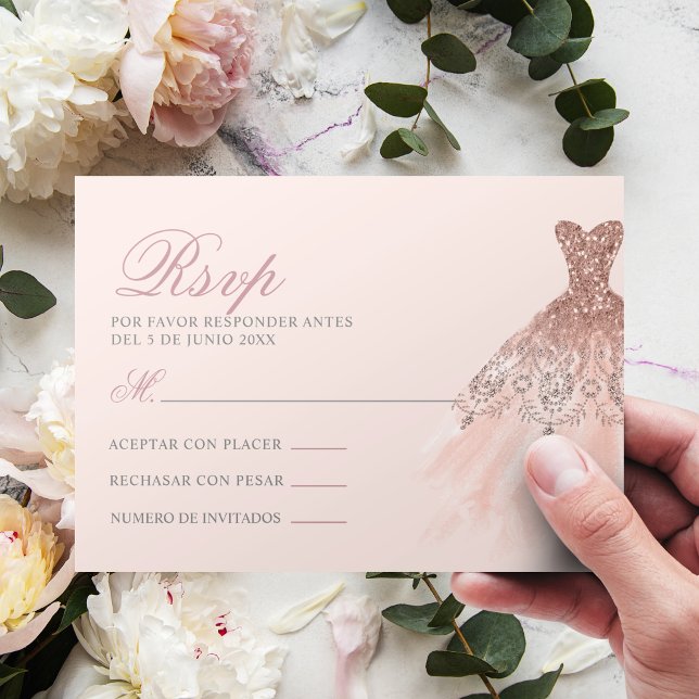Spanish Quinceañera Mis Quince Pink Rose RSVP Card (Creator Uploaded)