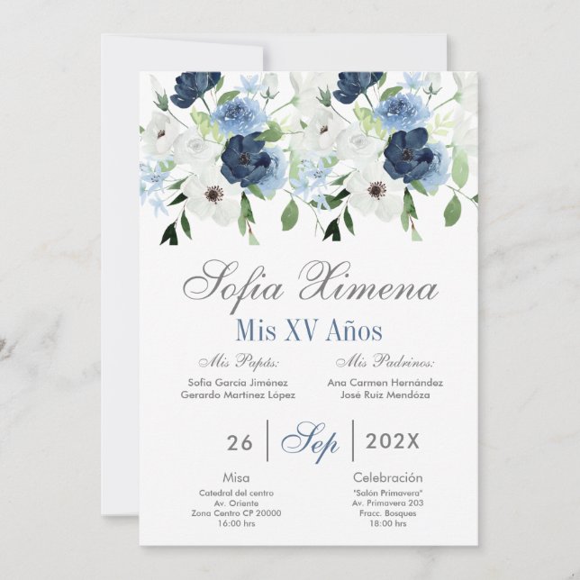 Spanish Quinceanera navy floral Invitation (Front)