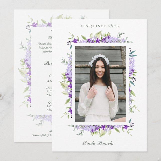Spanish Quinceañera Photo Flower Branches Invitation (Front/Back)