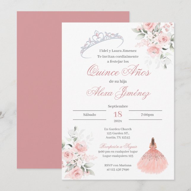 Spanish Quinceanera Pink Floral Invitation (Front/Back)