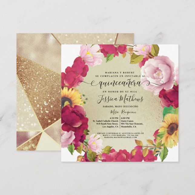 Spanish, Quinceañera Red Floral,Glitter Invitation (Front/Back)