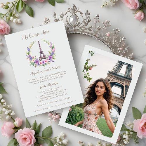 Spanish Quinceaera Romantic Eiffel Tower Photo Invitation