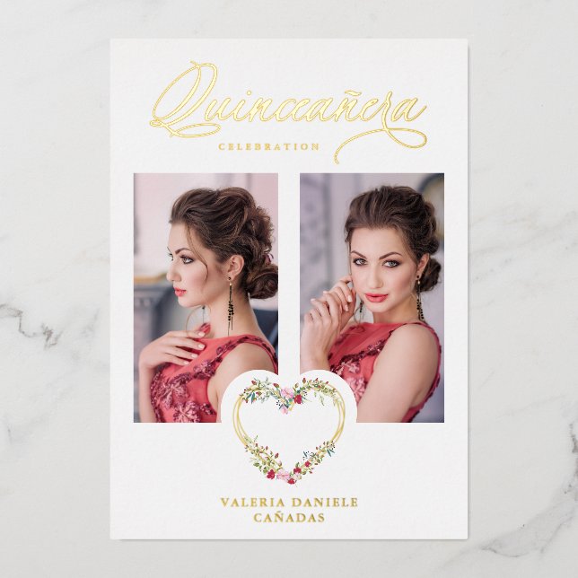 Spanish Quinceañera Romantic Red Pink Shades Heart Foil Invitation (Front)