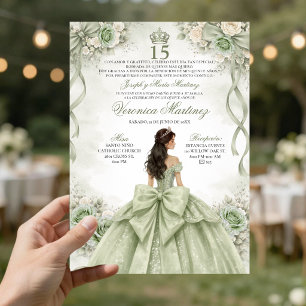 Spanish Quinceañera Sage Green Princess 15 Años Invitation