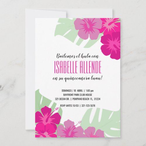 SPANISH quinceaera TROPICAL LUAU pink floral Invitation