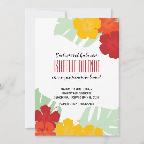 SPANISH quinceaera TROPICAL LUAU red floral Invitation