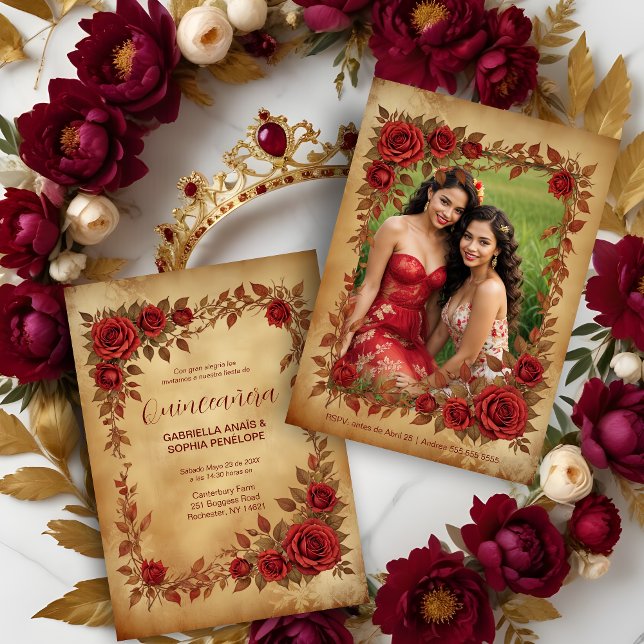 Spanish Quinceañeras Vintage Romantic Photo Invitation (Spanish Quinceañeras Vintage Romantic Photo Red Roses Frame and Gold Shades Invitations Cards.)
