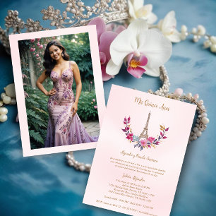 Spanish Quinces Pink Garland Eiffel Tower Photo Invitation