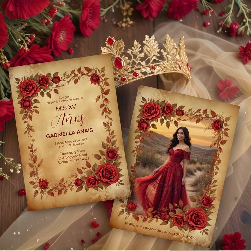 Spanish Quinces Vintage Romantic Photo Red Roses Invitation