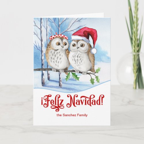 Spanish Red Christmas Feliz Navidad Winter Owls Holiday Card
