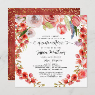 Spanish Red Coral Floral and Glitter Quinceañera Invitation