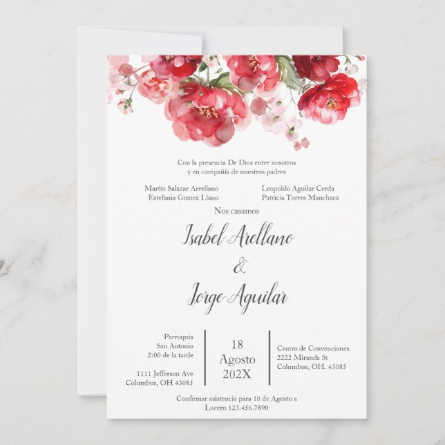 Spanish red flower Wedding Invitation (Front)