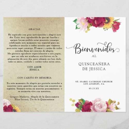 Spanish Red Gold Yellow Floral Quinceanera Program