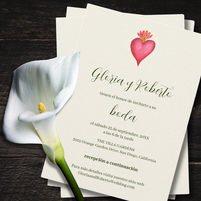 Spanish, Red Heart And Flower Mexican Wedding Invitation (Creator Uploaded)