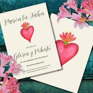 Spanish, Red Heart Flower Mexican Save the Date Invitation