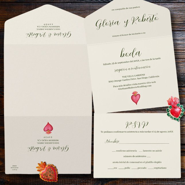 Spanish, Red Heart & Flower Mexican Wedding All In One Invitation (Creator Uploaded)