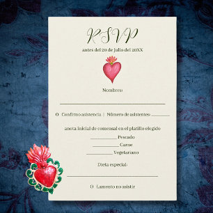 Spanish, Red Heart & Flower Mexican Wedding RSVP Card