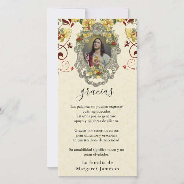 Spanish Religious Funeral Sacred Heart Jesus Thank You Card (Front)
