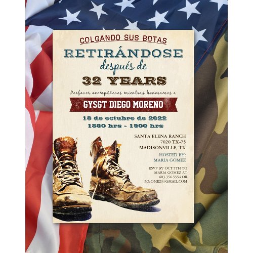 Spanish Retirement Military Boots Invitation
