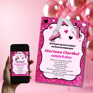Spanish Retro Pink Glitter Skating Girl's Birthday Invitation