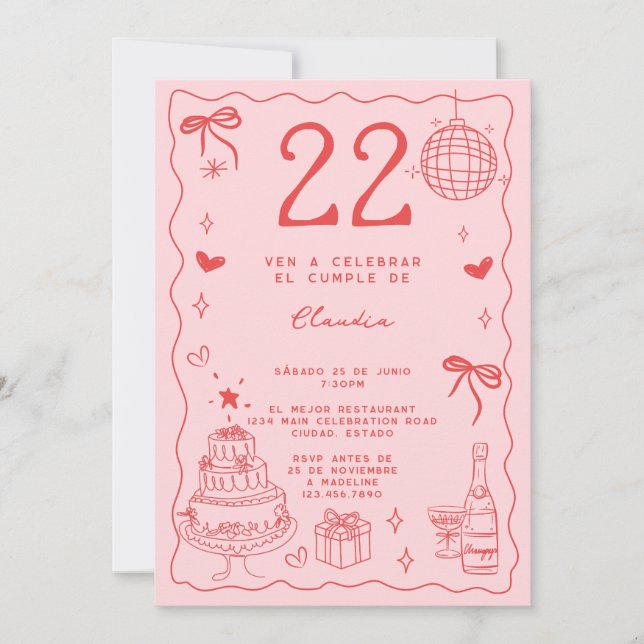 Spanish Retro Quirky Red Pink 22nd Birthday Invitation (Front)