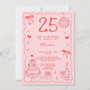 Spanish Retro Quirky Red Pink 25th Birthday Invitation