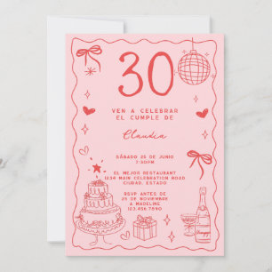 Spanish Retro Quirky Red Pink 30th Birthday Invitation