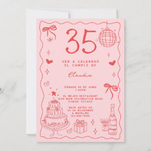 Spanish Retro Quirky Red Pink 35th Birthday Invitation
