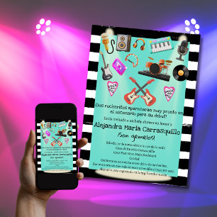 Spanish Rock n Roll Teal Twins Baby Shower Invitation