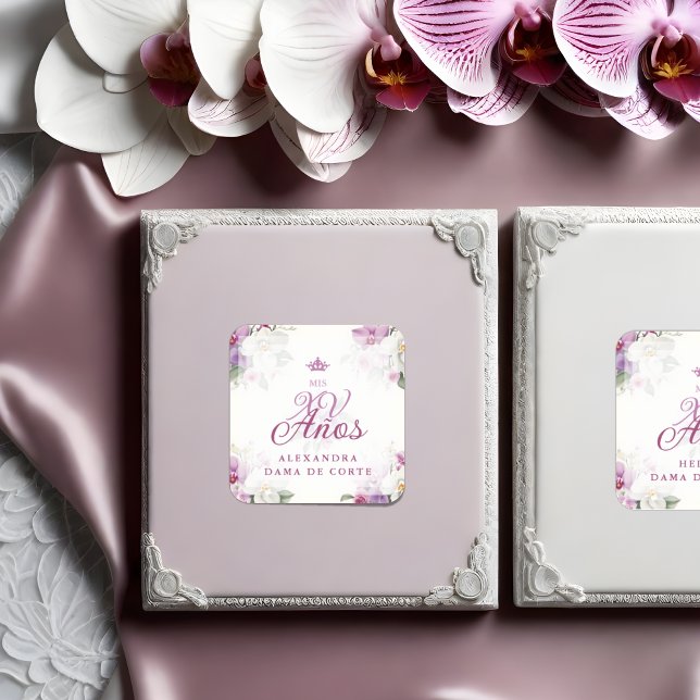 Spanish Romantic Exquisite Floral Orchids Bouquets Sticker (Spanish Romantic Exquisite Floral Orchids Bouquets Mis XV Años Square Sticker: A Touch of Elegance.)
