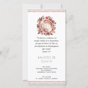 Spanish, Rose Gold Floral Baptism Bookmark Favor Thank You Card