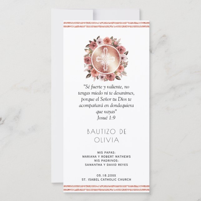 Spanish, Rose Gold Floral Baptism Bookmark Favor Thank You Card (Front)