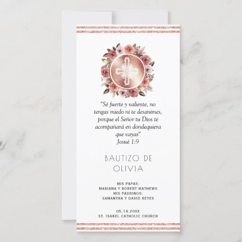 Spanish Rose Gold Floral Baptism Bookmark Favor Thank You Card