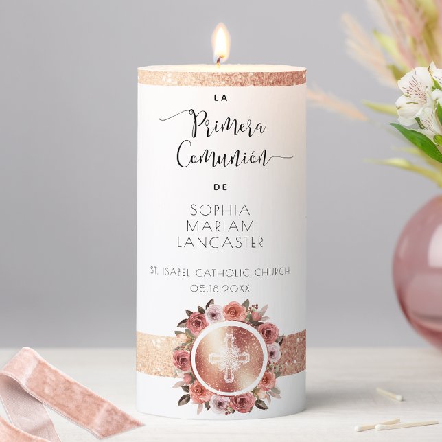 Spanish, Rose Gold Floral, Girl First Communion Pillar Candle (Creator Uploaded)