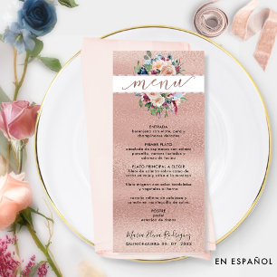 Spanish, Rose Gold Pastel Floral Quinceañera Menu