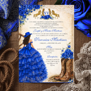 Spanish Royal Blue Floral 15 Años Charra Western Invitation