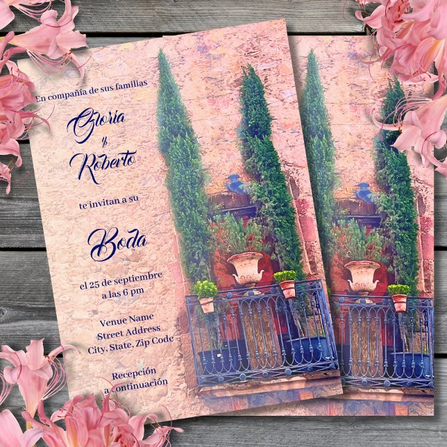 Spanish, Rustic Balcony & Plants Mexican Wedding Invitation (Creator Uploaded)