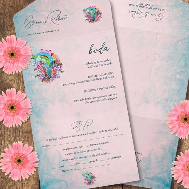 Spanish, Rustic Flowers Heart Mexican Wedding All All In One Invitation (Creator Uploaded)