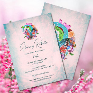 Spanish, Rustic Flowers Heart Mexican Wedding Invitation