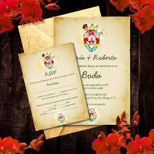 Spanish, Rustic Heart Mexican Wedding RSVP Card